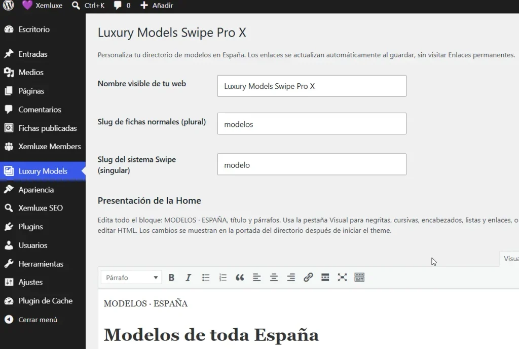 configuracion luxury models wordpress