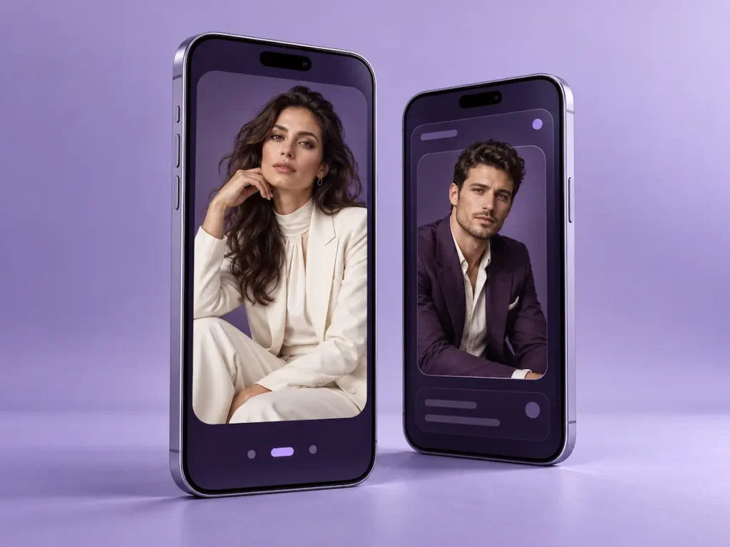 Perfiles de modelos con navegación swipe e indicadores de escena en dos móviles.